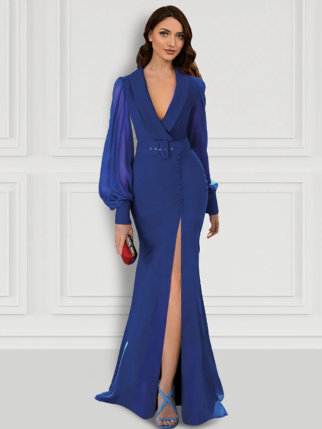 Meerjungfrau/Trompete Abendkleid Elegantes Kleid Formelles Sweep/Pinselzug Langarm V-Ausschnitt Gürtel/Schärpe Stretchstoff mit Knöpfen Schlitz